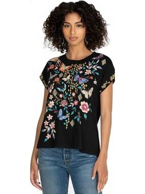 Johnny Was Black Mariposa Butterfly Embroidered Short Sleeve Relaxed Shirt